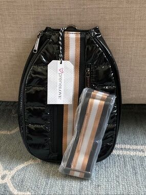 PreneLOVE Black Quilted Pickleball Sling Bag with Striped Strap